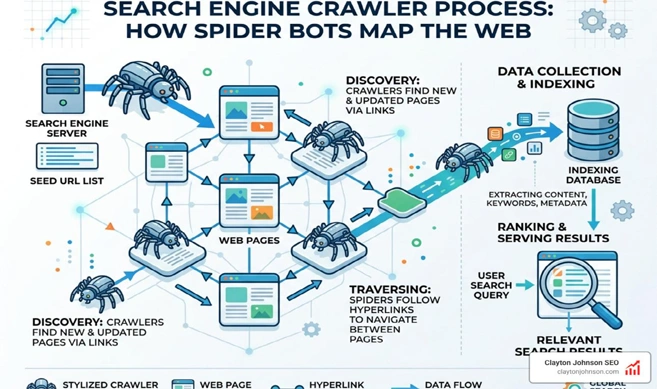 Diagram showing web crawling, indexing architecture, XML sitemap, and search engine database