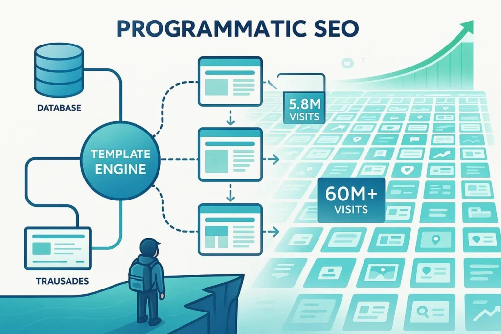 Illustration of database-driven web page generation with structured data and automation pipelines
