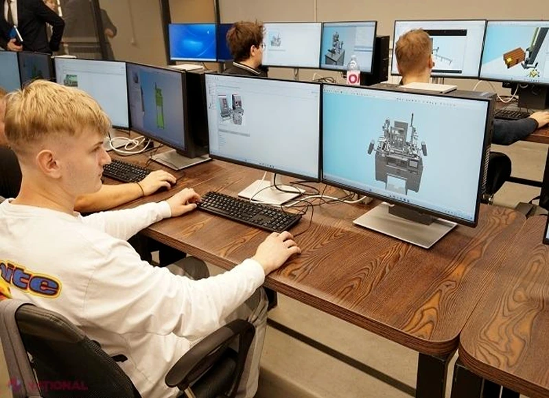 Mechanical engineering students creating 3D CAD models for machine component design