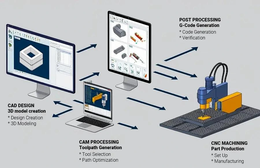 CAD CAM CNC workflow connecting digital mechanical design with modern manufacturing
